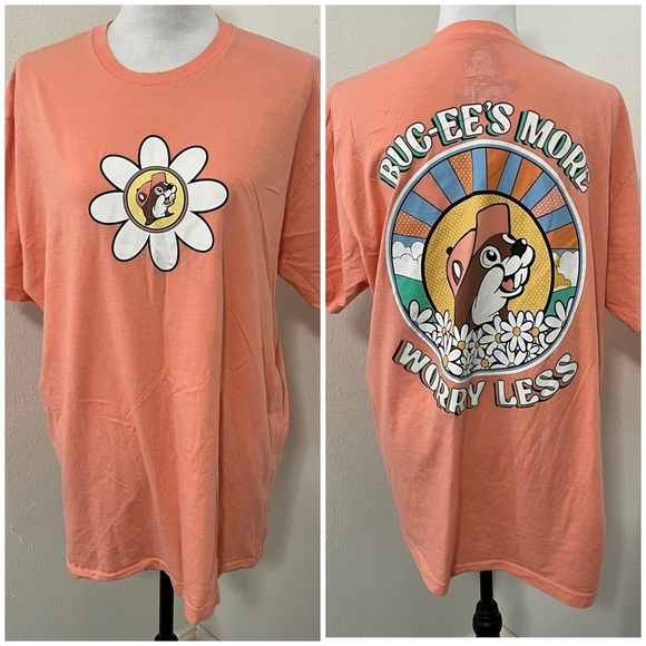Buc-ee’s Women’s XL Graphic “Buc-ee’s More Worry Less” T-Shirt Orang/Peach EUC - Picture 1 of 6